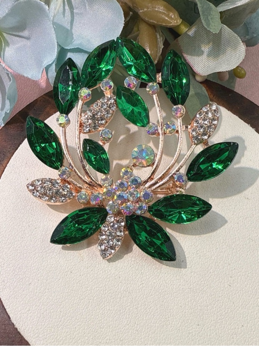 2.25” x 2.5” Elegant Green Crystal Leaf Brooch - Rose Gold-tone Women's Jewelry
